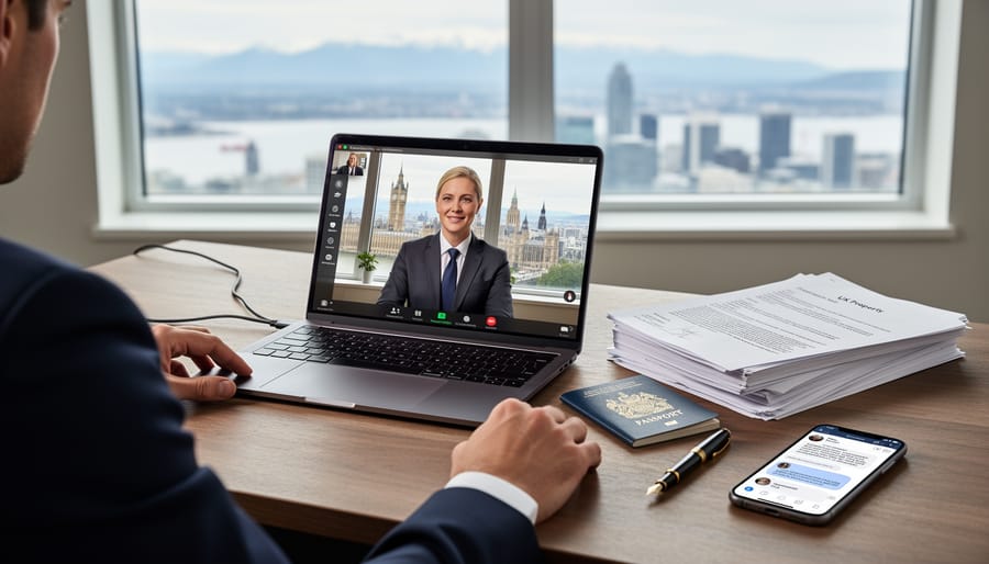 Hands reviewing property documents and house keys on desk with laptop