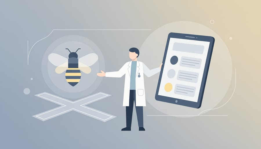 Person holding a beekeeper veil next to a healthcare information brochure stand in a softly lit room