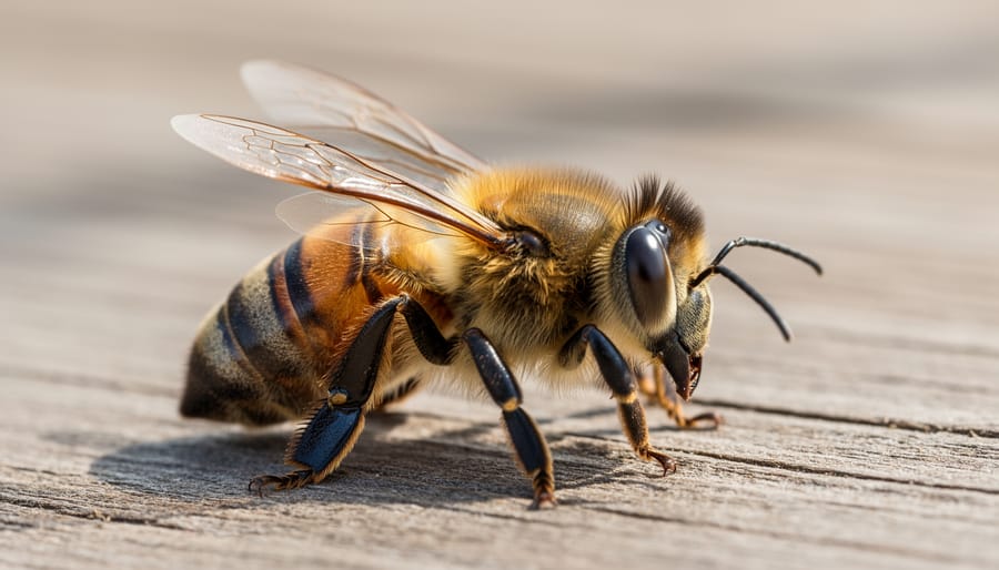 Honeybee perched on a wooden hive frame in soft natural light