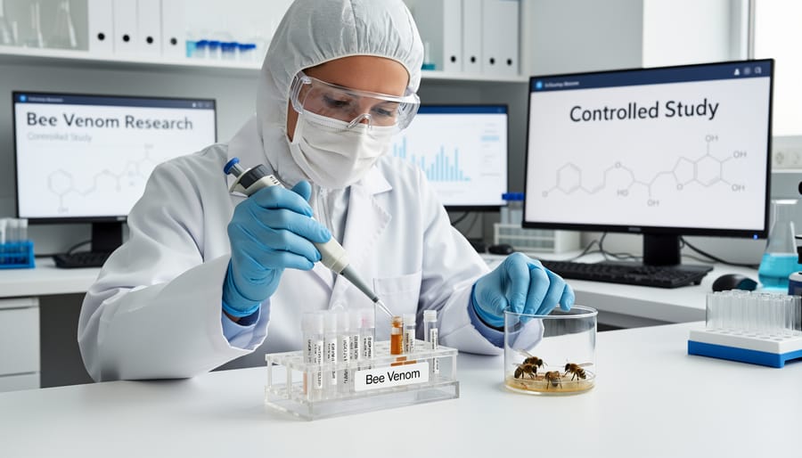 Gloved hands holding a small vial in a laboratory near a microscope