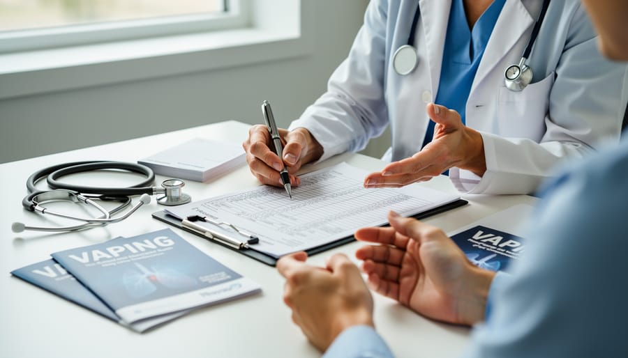 A clinician’s hands holding a stethoscope and medication blister pack in a clean medical setting.