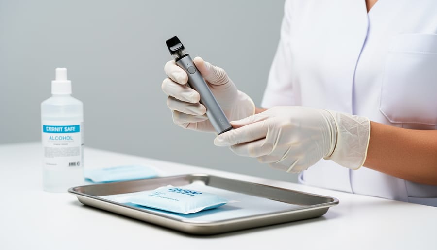 Close view of hands holding a vaping device over a clean surface in a private room.