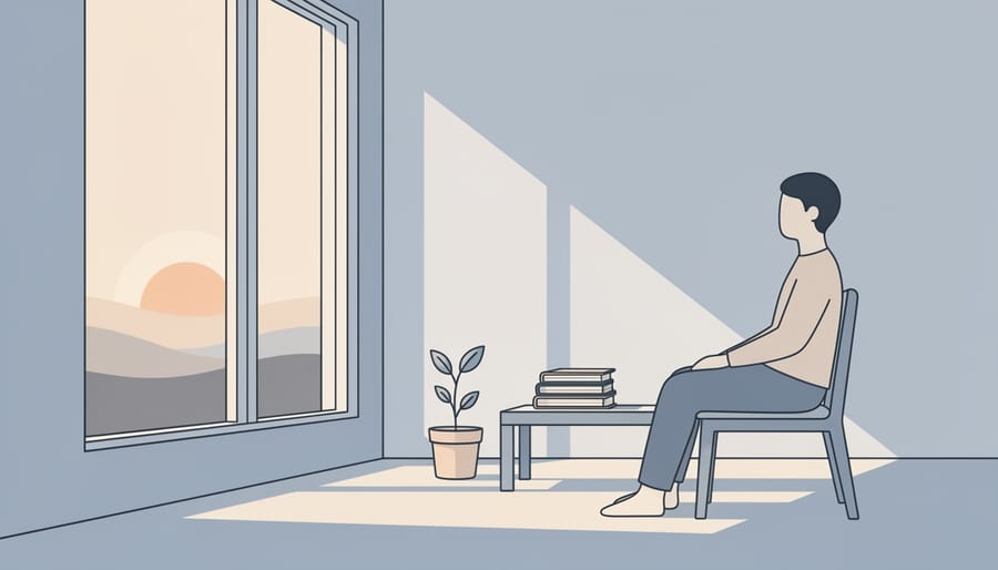 Person sitting by a window with soft daylight and an open journal on their lap in a clinic-like setting