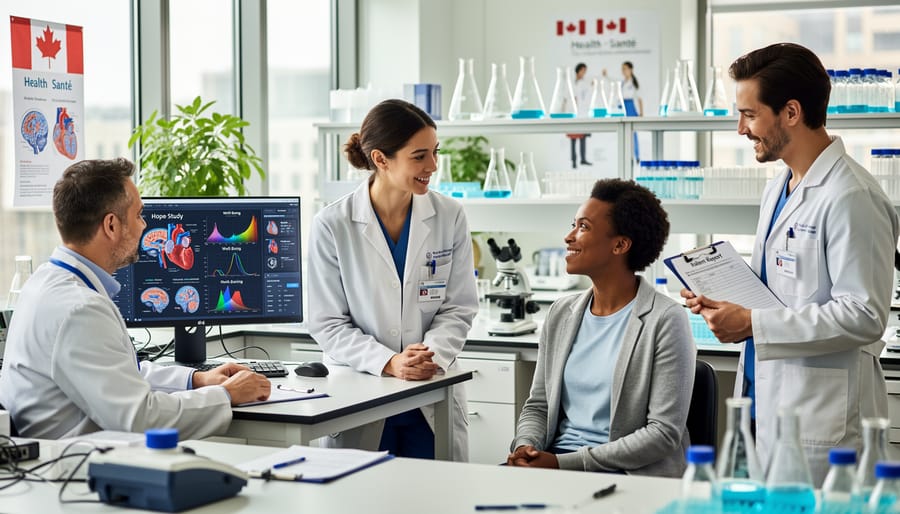 Researchers working in a bright university laboratory with lab instruments and notebooks